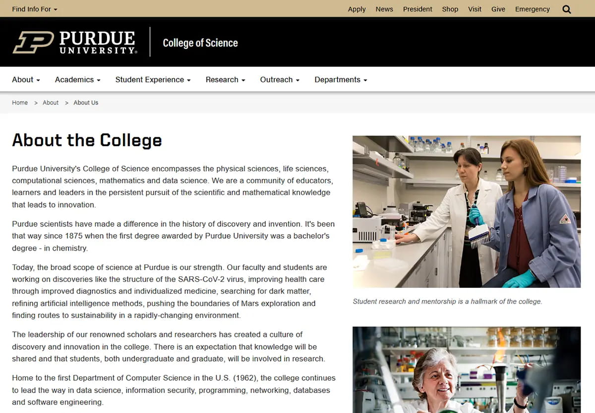 Secondary page design, the About the College page